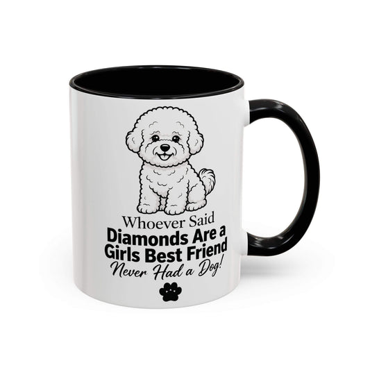 Diamonds are a girls best friend mug, white glossy ceramic with black handle and interior, featuring a fluffy dog illustration