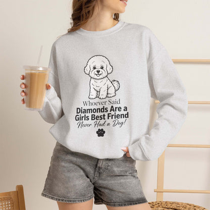 Crewneck sweatshirt in light gray cotton blend with a poodle graphic and Diamonds Are a Girl's Best Friend phrase