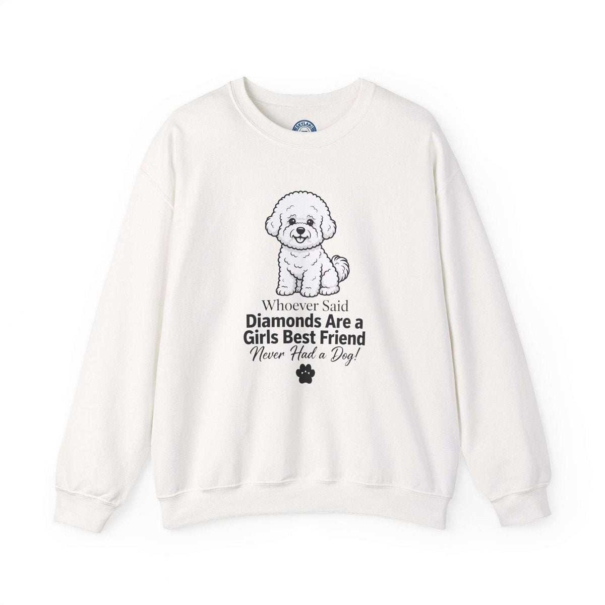 Crewneck sweatshirt in off-white cotton blend with a puppy graphic and Diamonds Are a Girl's Best Friend phrase
