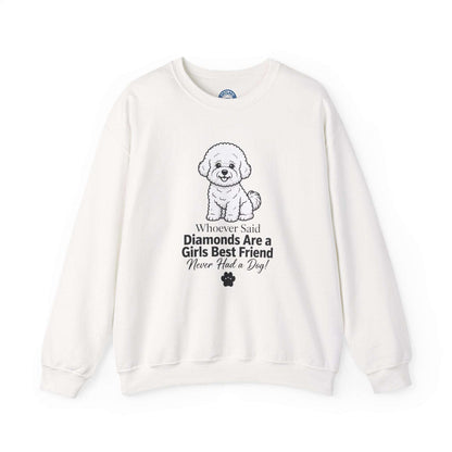 Crewneck sweatshirt in off-white cotton blend with a puppy graphic and Diamonds Are a Girl's Best Friend phrase