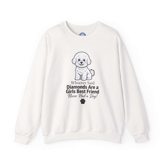 Crewneck sweatshirt in off-white cotton blend with a puppy graphic and Diamonds Are a Girl's Best Friend phrase