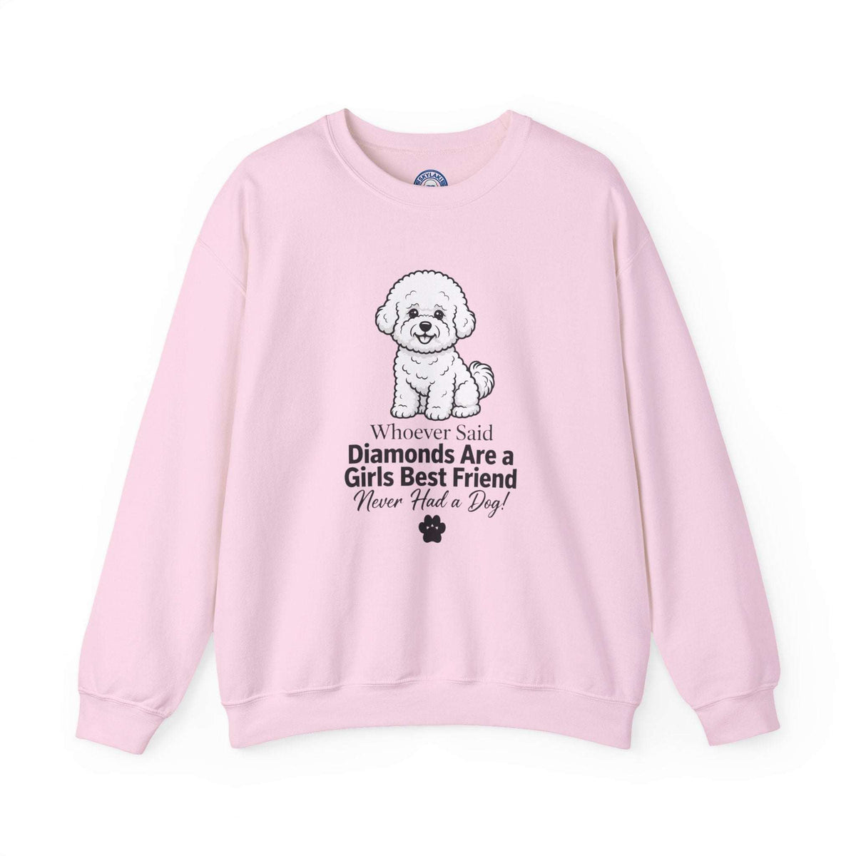 Diamonds Are a Girl's Best Friend pink cotton-blend sweatshirt with a cute white puppy graphic and printed phrase