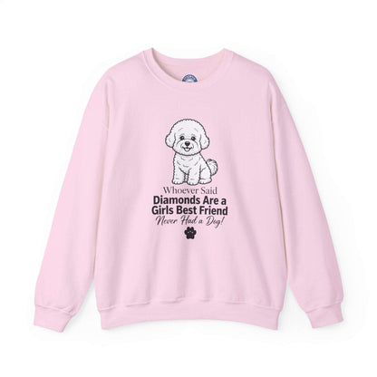 Diamonds Are a Girl's Best Friend pink cotton-blend sweatshirt with a cute white puppy graphic and printed phrase
