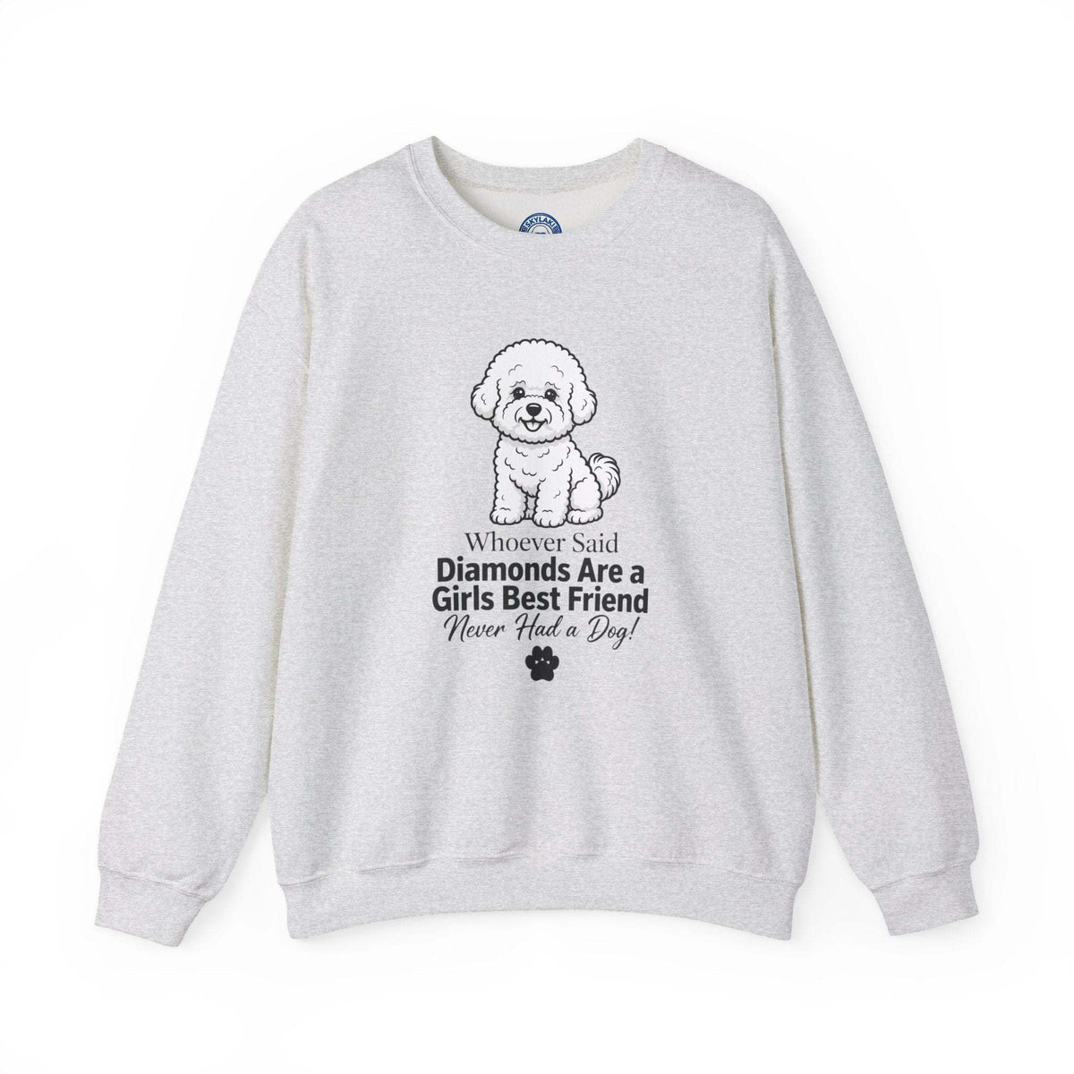 Diamonds Are a Girl's Best Friend sweatshirt in light gray cotton blend with cute puppy graphic and text design