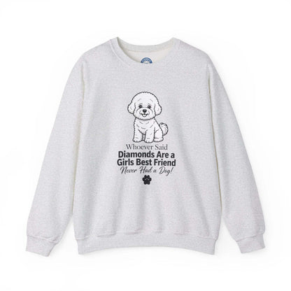 Diamonds Are a Girl's Best Friend sweatshirt in light gray cotton blend with cute puppy graphic and text design