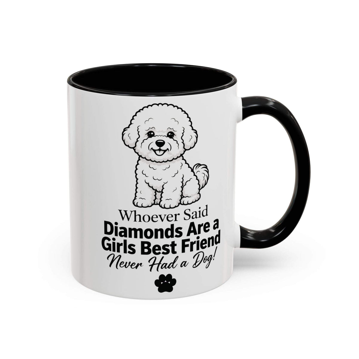 Diamonds are a girls best friend mug, white ceramic with black handle and rim, featuring a fluffy dog illustration