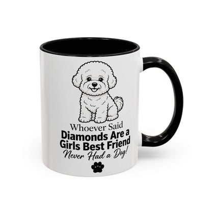 Diamonds are a girls best friend mug, white ceramic with black handle and rim, featuring a fluffy dog illustration