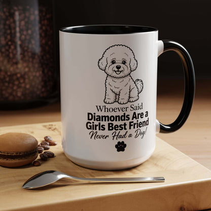 Diamonds are a girls best friend white ceramic mug with black handle, fluffy puppy illustration, and printed quote