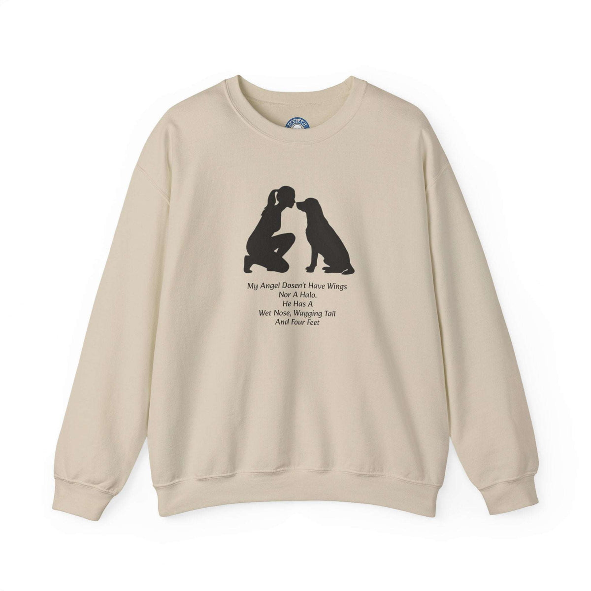 Dog Angel Shirt, a beige cotton-blend crewneck sweatshirt with long sleeves and a black person-and-dog silhouette with text