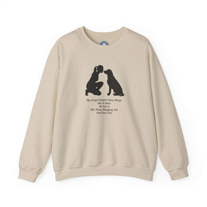 Dog Angel Shirt, a beige cotton-blend crewneck sweatshirt with long sleeves and a black person-and-dog silhouette with text