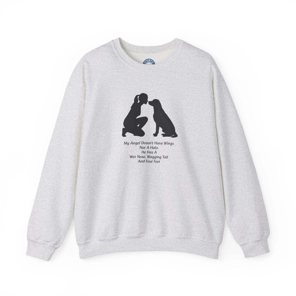 Dog Angel Shirt in light gray with a crew neckline, long sleeves, and black person-and-dog silhouette with text