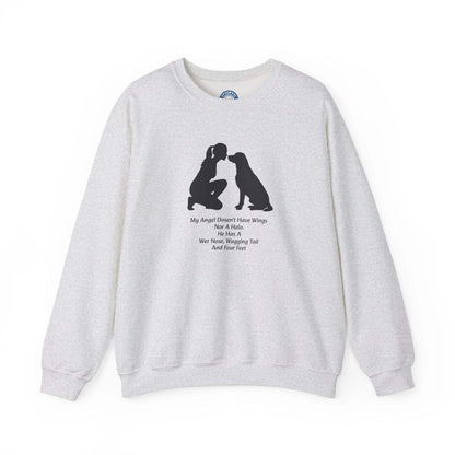 Dog Angel Shirt in light gray with a crew neckline, long sleeves, and black person-and-dog silhouette with text