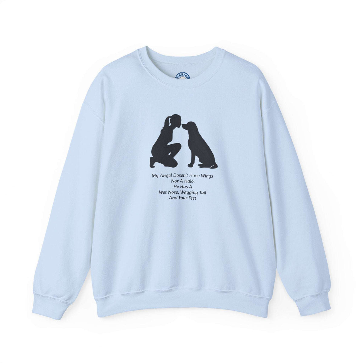 Dog Angel Shirt in pale blue with a black person and dog silhouette and a small heartfelt text design on the chest