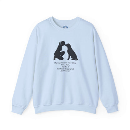 Dog Angel Shirt in pale blue with a black person and dog silhouette and a small heartfelt text design on the chest