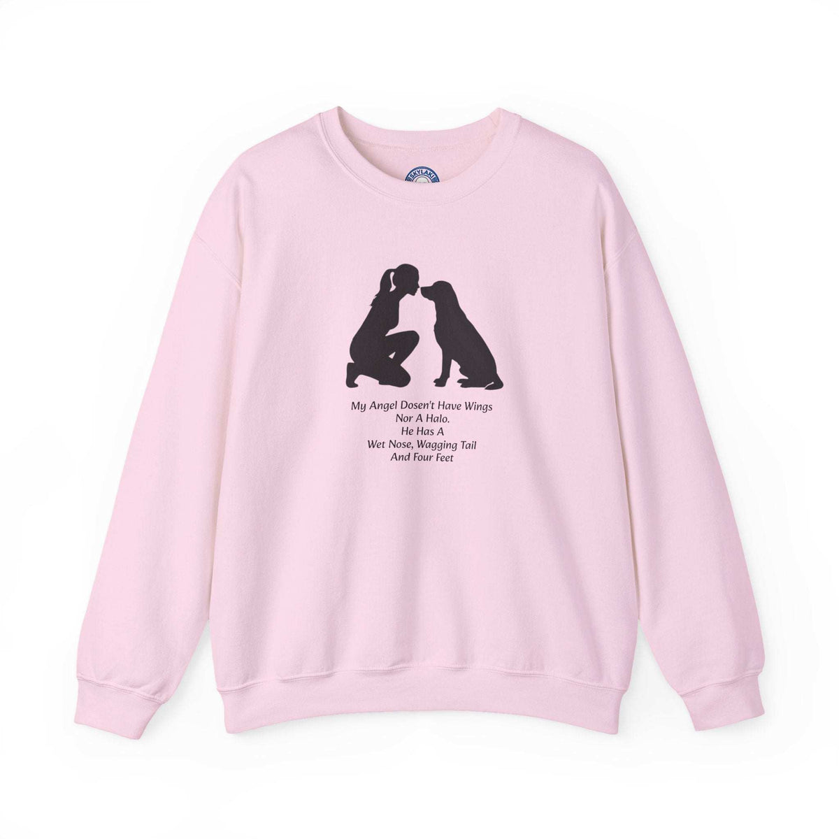 Dog Angel Shirt in pale pink with a black person-and-dog silhouette and small heartfelt text on a crewneck sweatshirt