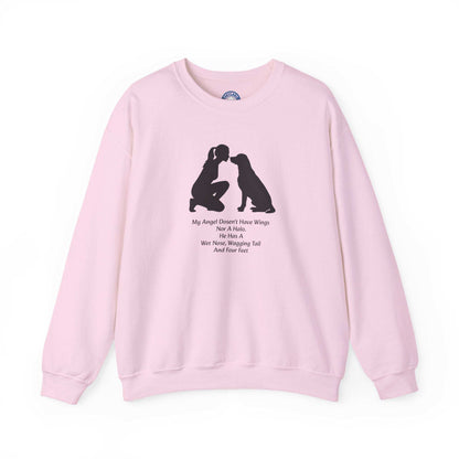 Dog Angel Shirt in pale pink with a black person-and-dog silhouette and small heartfelt text on a crewneck sweatshirt