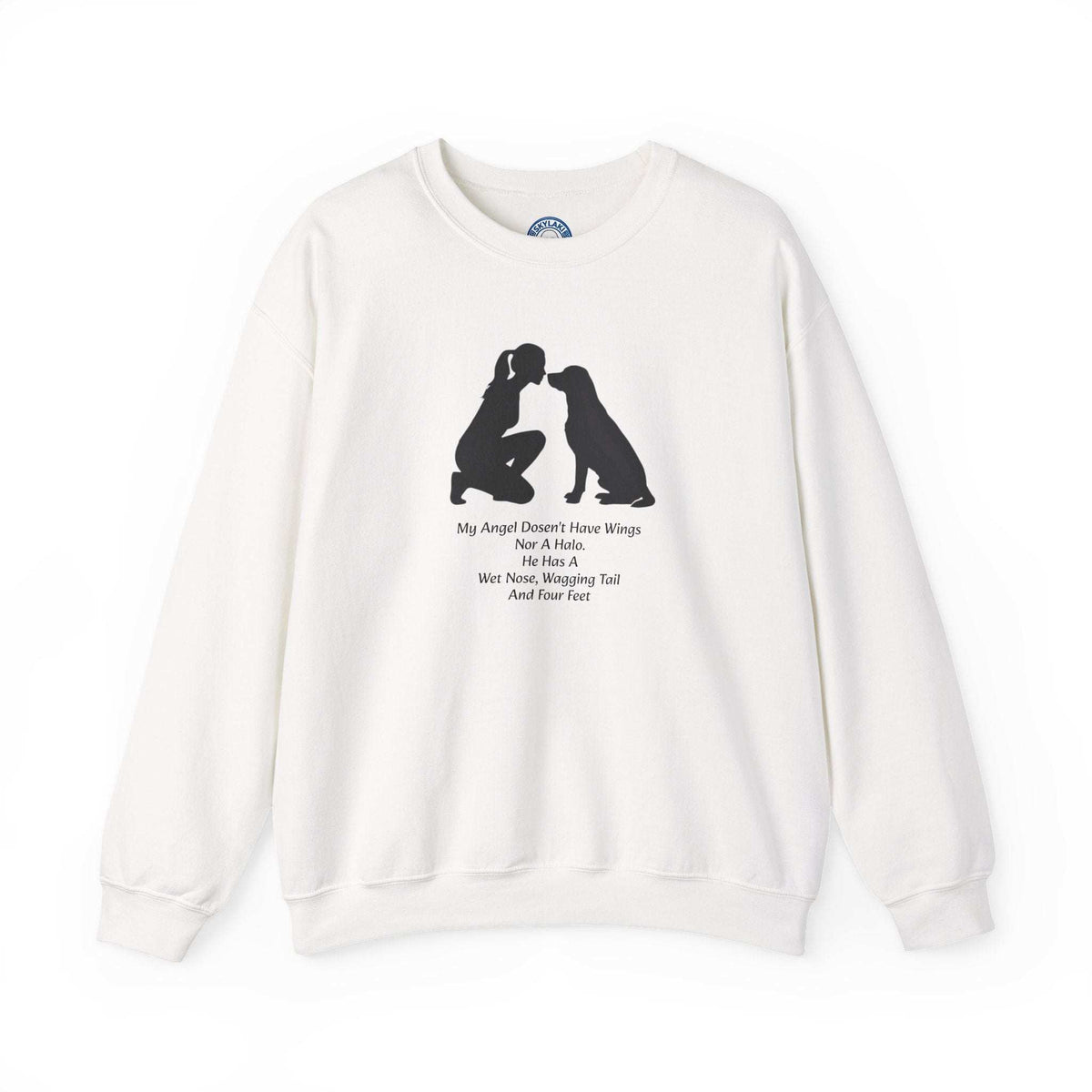 Dog Angel Shirt in white with a black person-and-dog silhouette and a small heartfelt poem printed on the chest