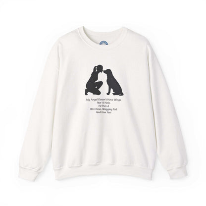 Dog Angel Shirt in white with a black person-and-dog silhouette and a small heartfelt poem printed on the chest