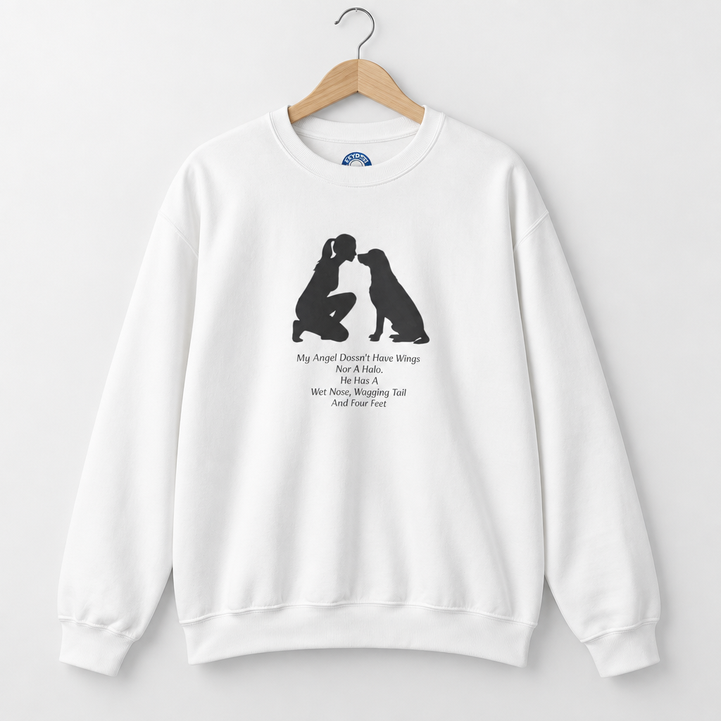 Dog Angel Shirt in white with a black silhouette of a person and dog, plus a short memorial verse on the chest