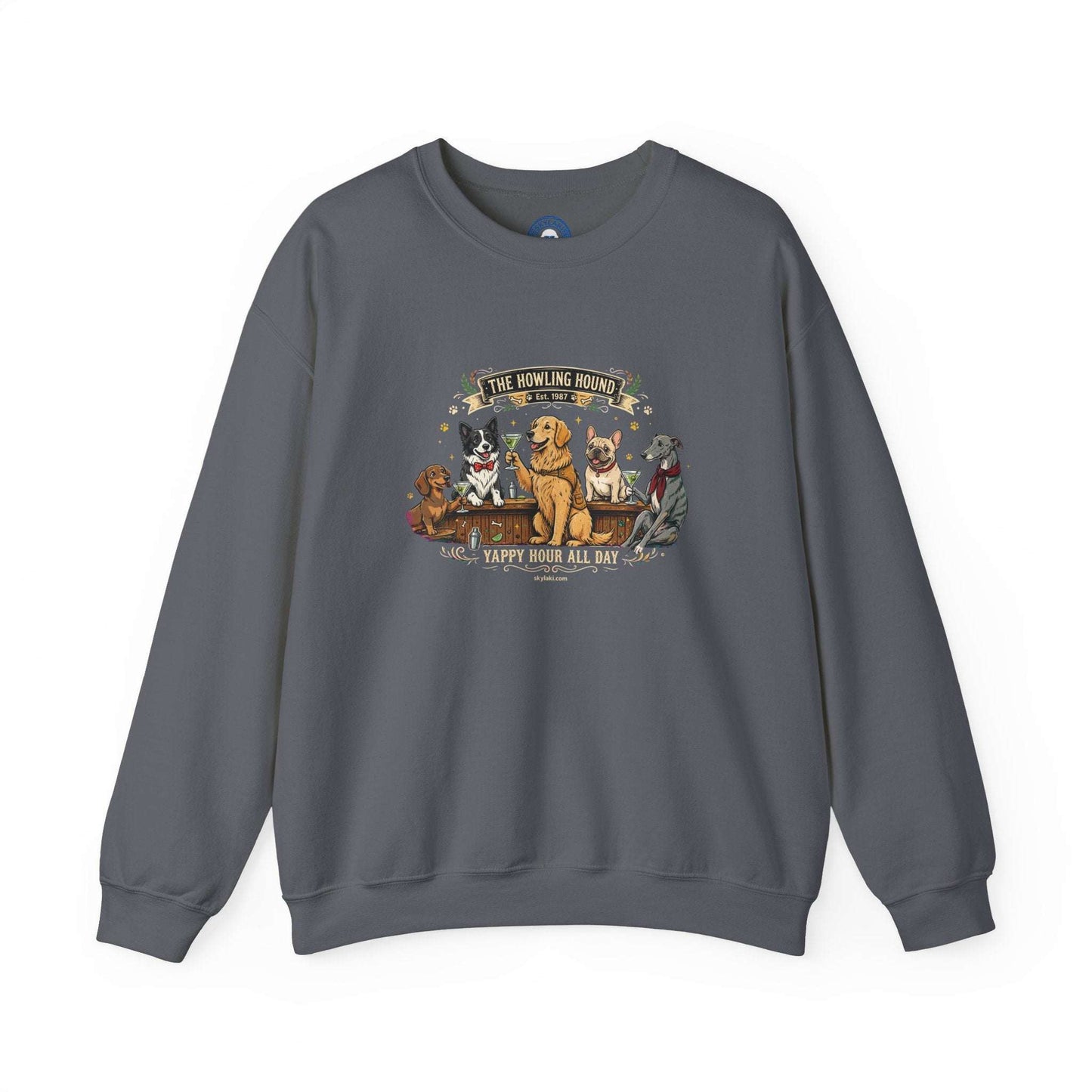 Cozy dog bar sweatshirt with embroidered dog breed graphic