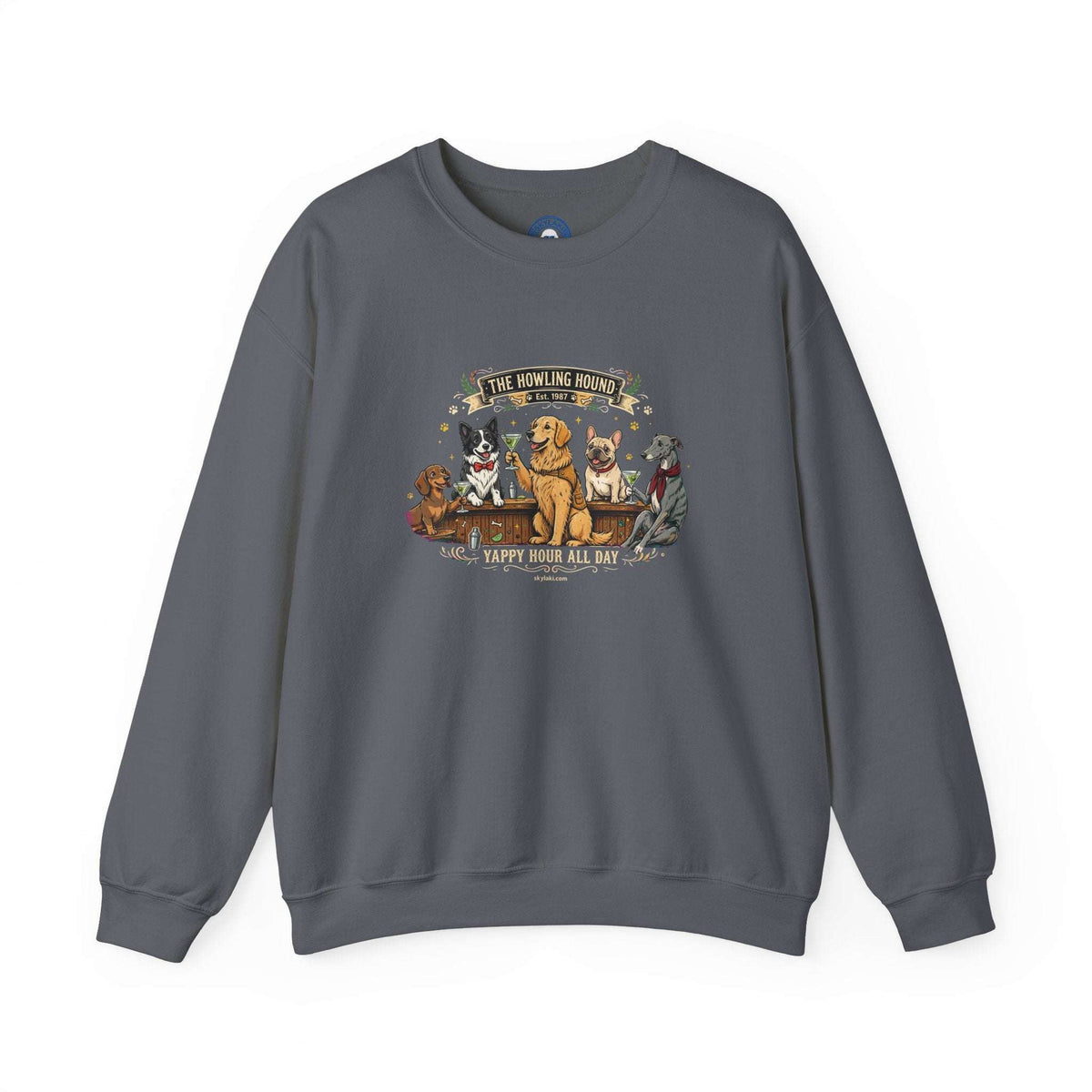 Cozy dog bar sweatshirt with embroidered dog breed graphic
