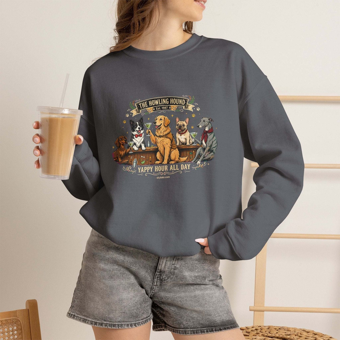 cozy dog bar sweatshirt with embroidered dog breed graphic