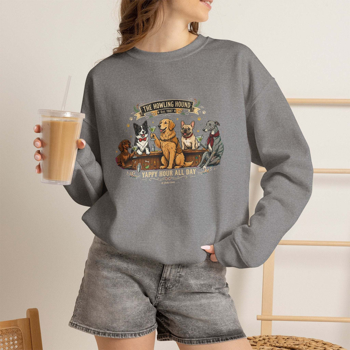 Cozy dog bar sweatshirt with embroidered dog breed graphic