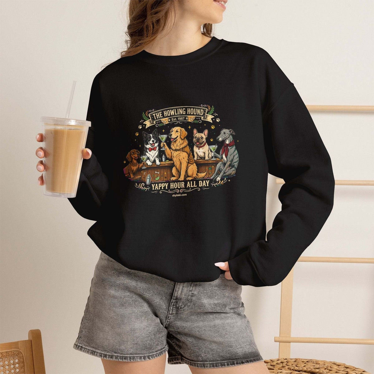 Cozy dog bar sweatshirt with embroidered dog breeds graphic