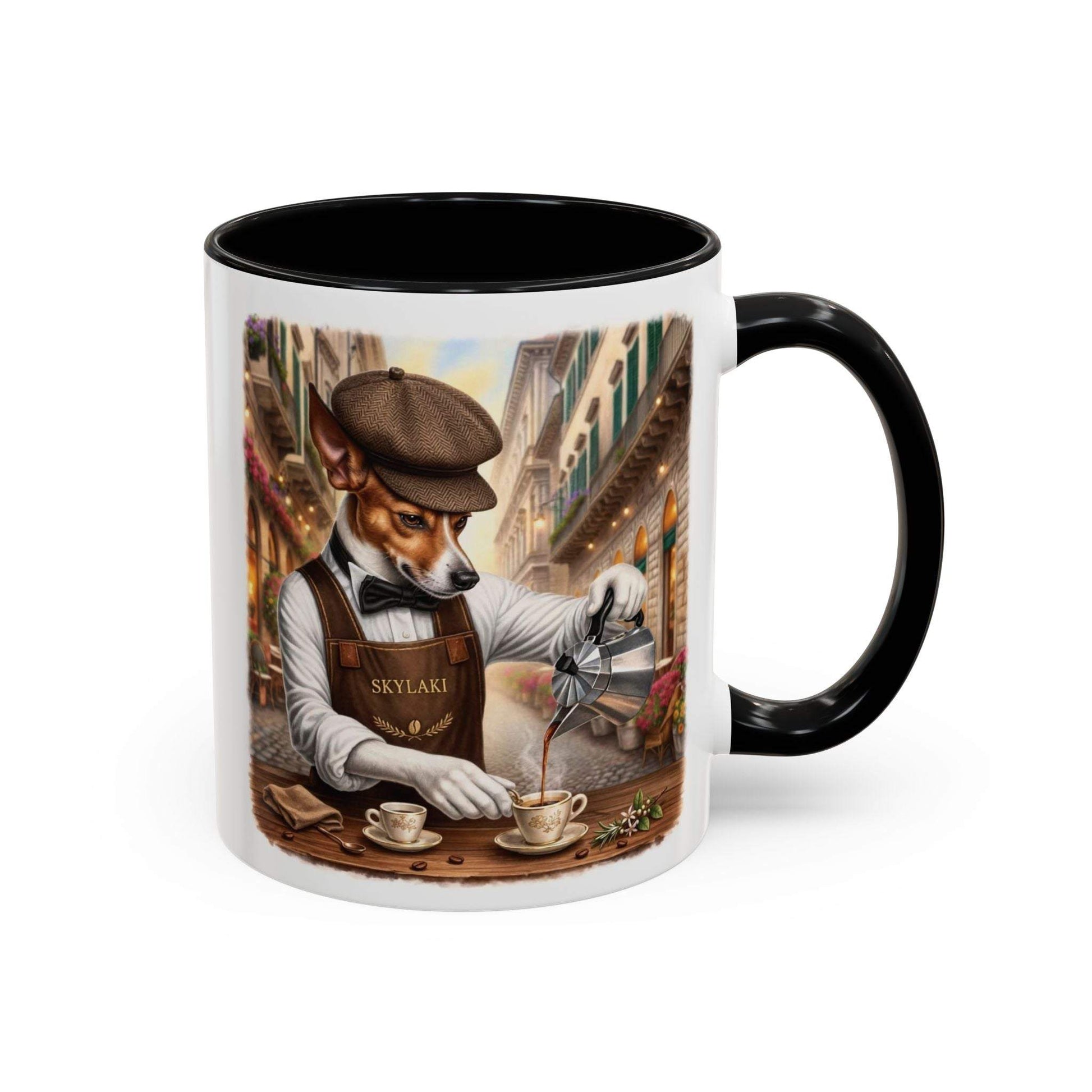 ceramic dog barista coffee mug with black handle and european street design