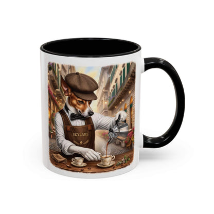 ceramic dog barista coffee mug with black handle and european street design