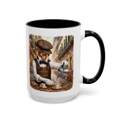 Ceramic dog barista coffee mug with black handle and vintage European street design