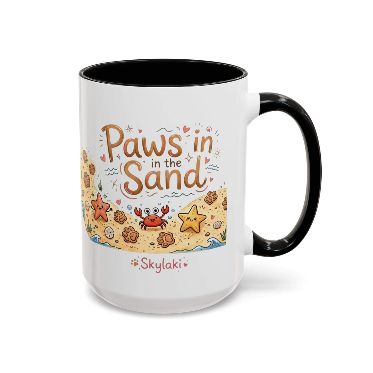 Ceramic dog beach mug with starfish and paw print seaside design