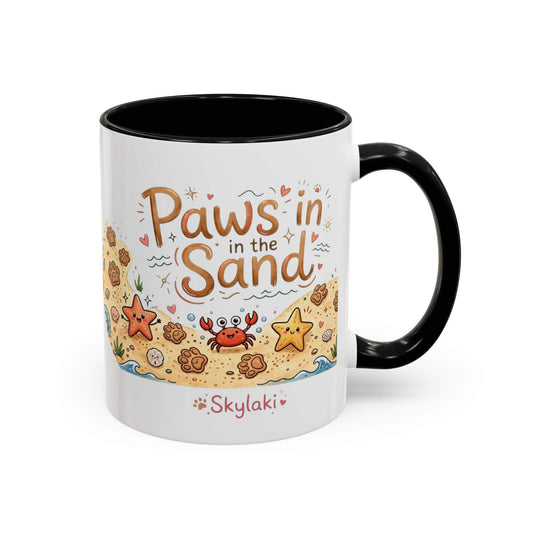 Sandy paws beach dog ceramic mug with starfish and paw print design