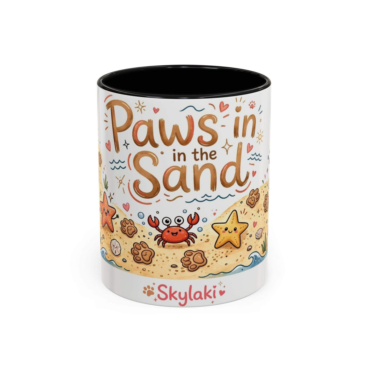 Sandy paws beach dog ceramic coffee mug with starfish and paw prints