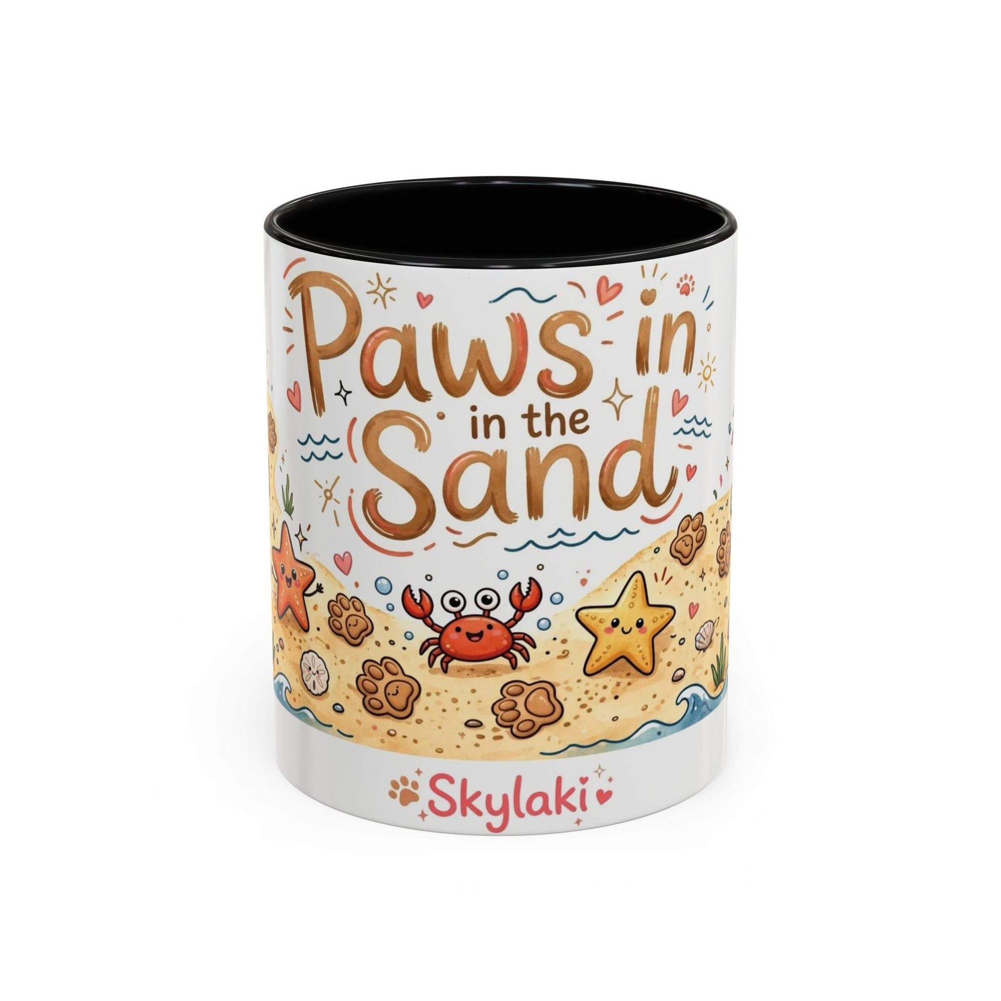 Sandy paws beach dog ceramic coffee mug with starfish and paw prints