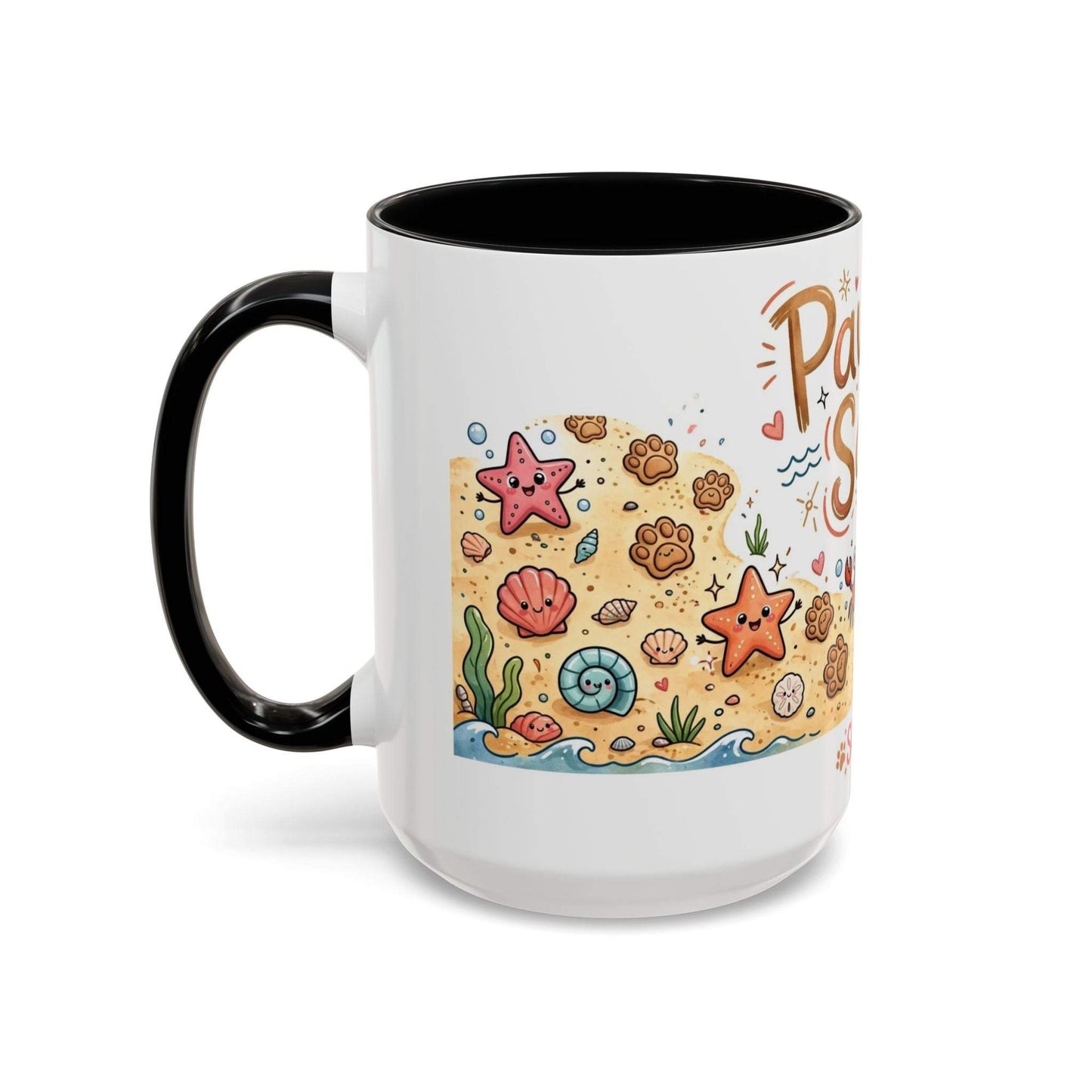 Sandy paws beach dog ceramic coffee mug with starfish and paw print design
