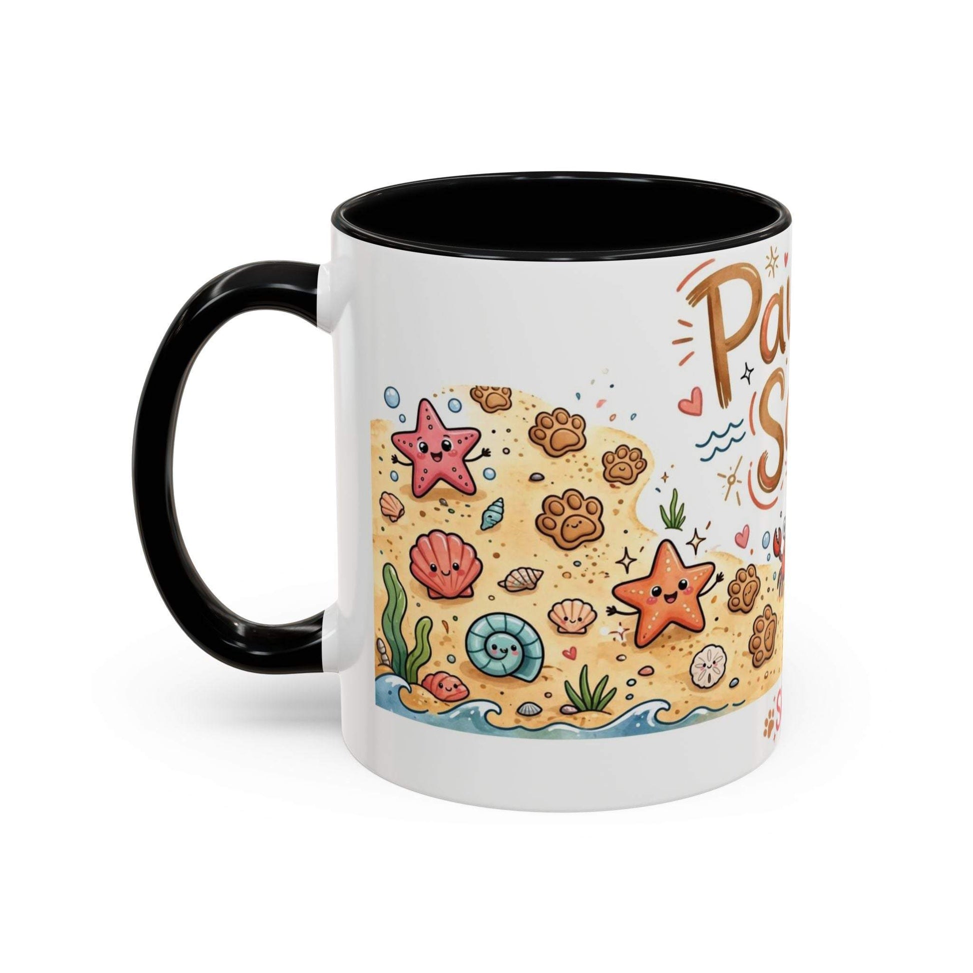 Sandy paws beach dog mug with starfish and paw print design
