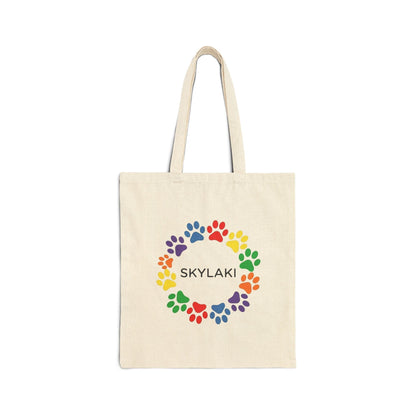 Dog canvas tote with rainbow paw print wreath design