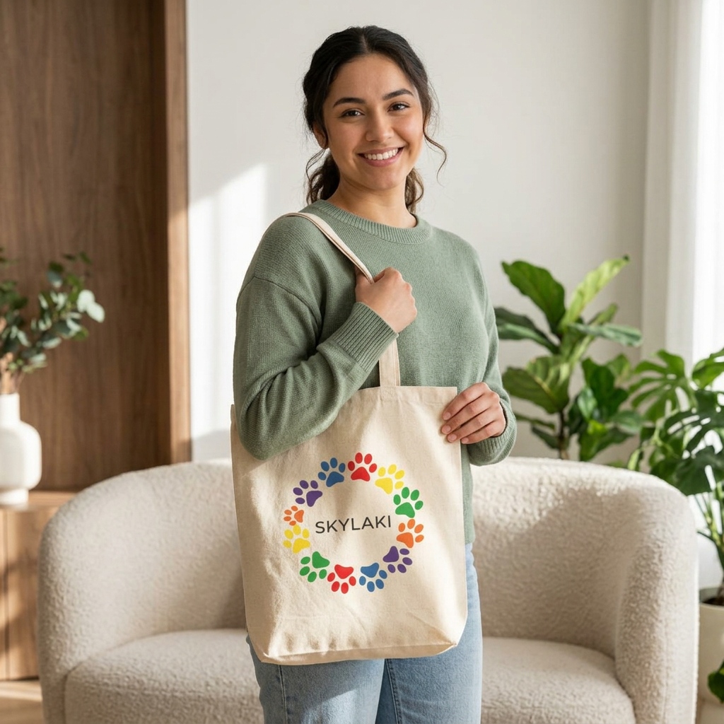 Dog canvas tote bag with rainbow paw print wreath design