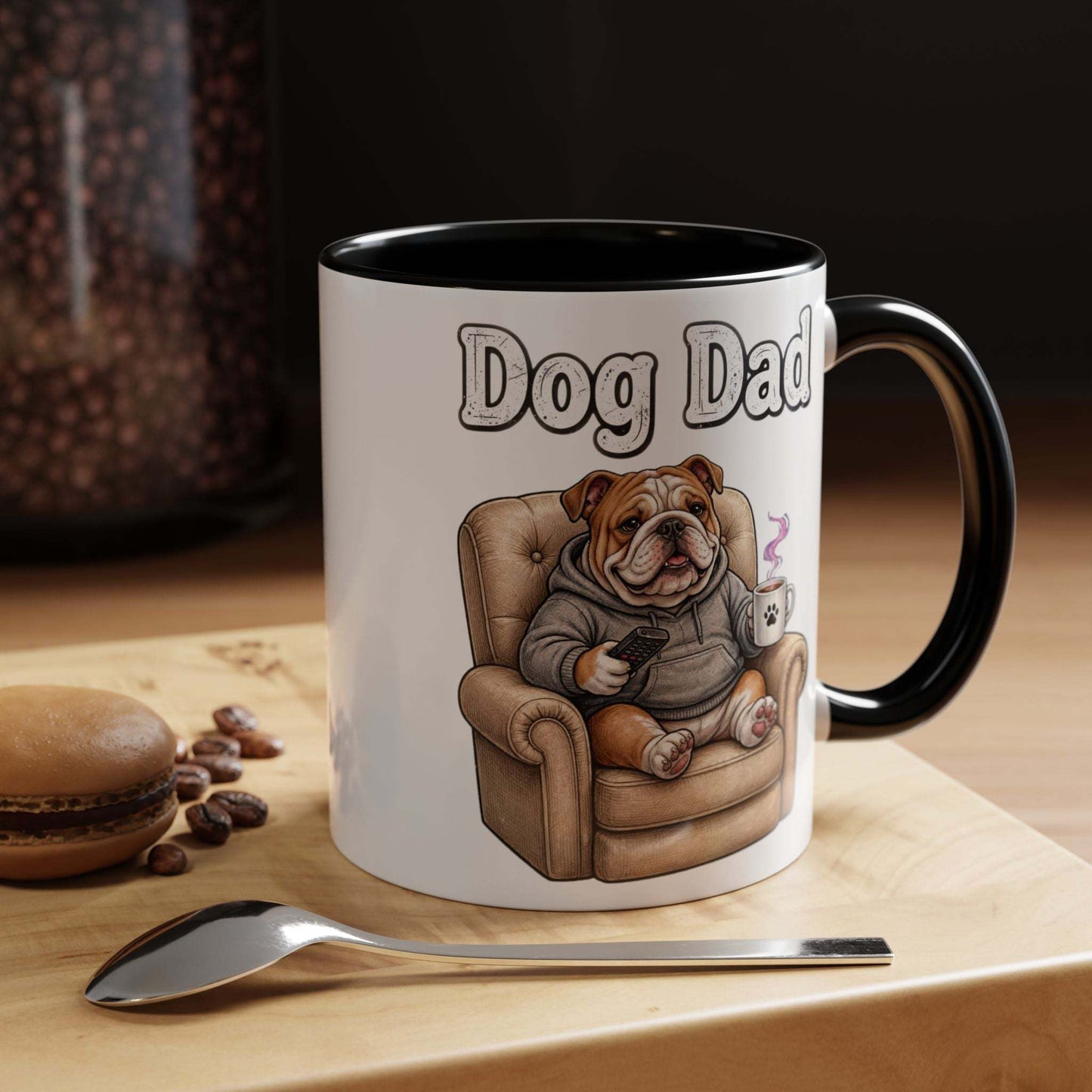 Funny bulldog dog dad mug with hoodie and remote illustration
