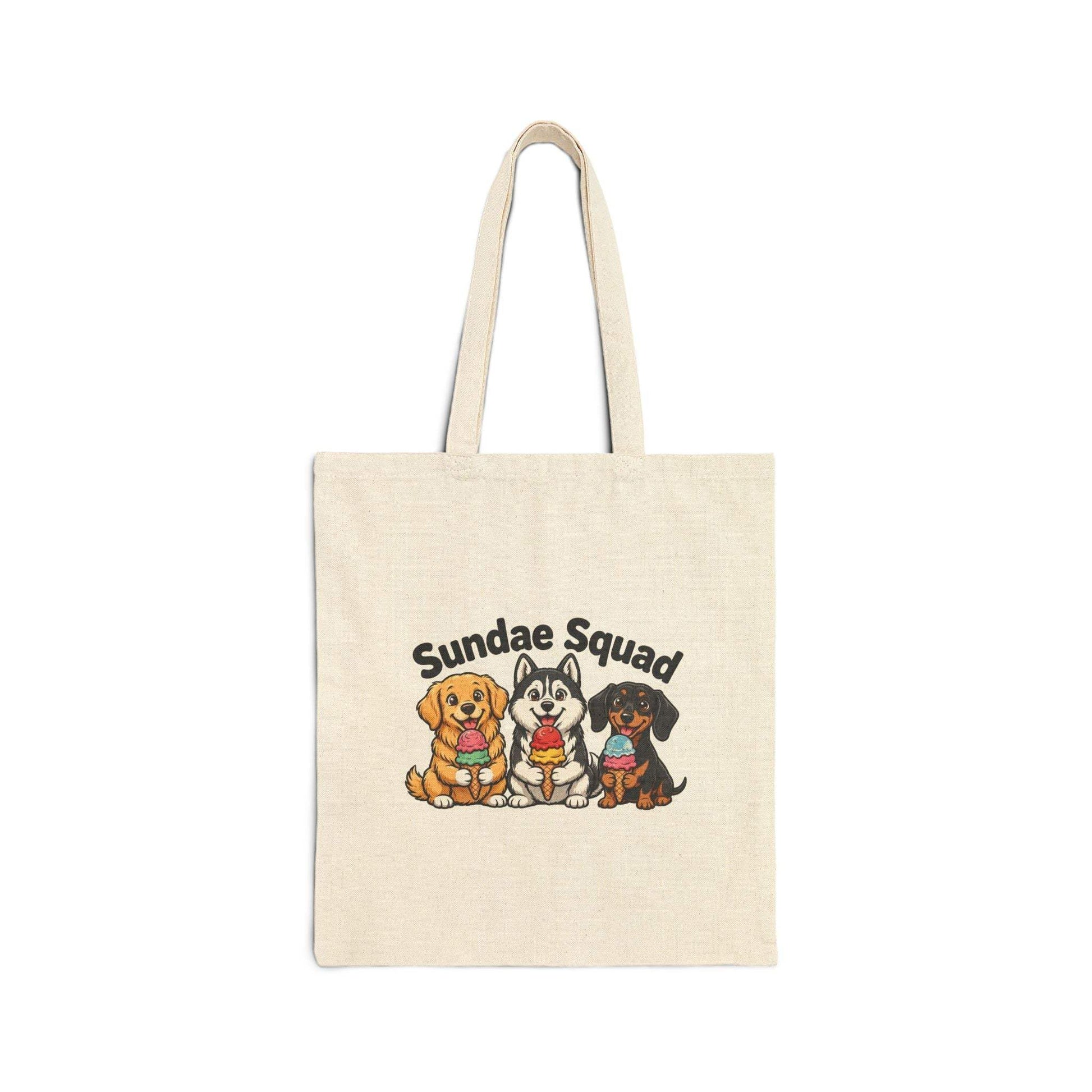 Dog ice cream tote bag with Sundae Squad design of happy dogs holding sundaes