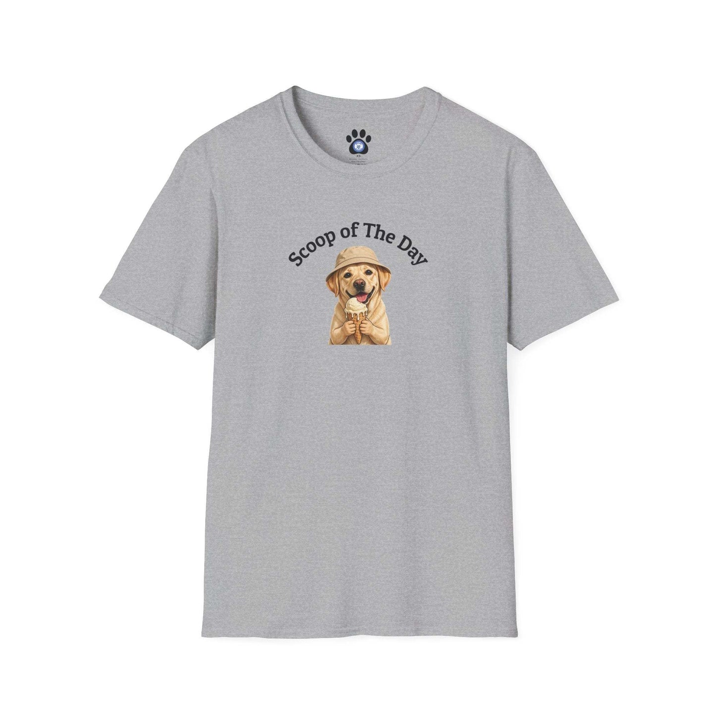 unisex dog ice cream tshirt with sketch-style dog holding ice cream cone
