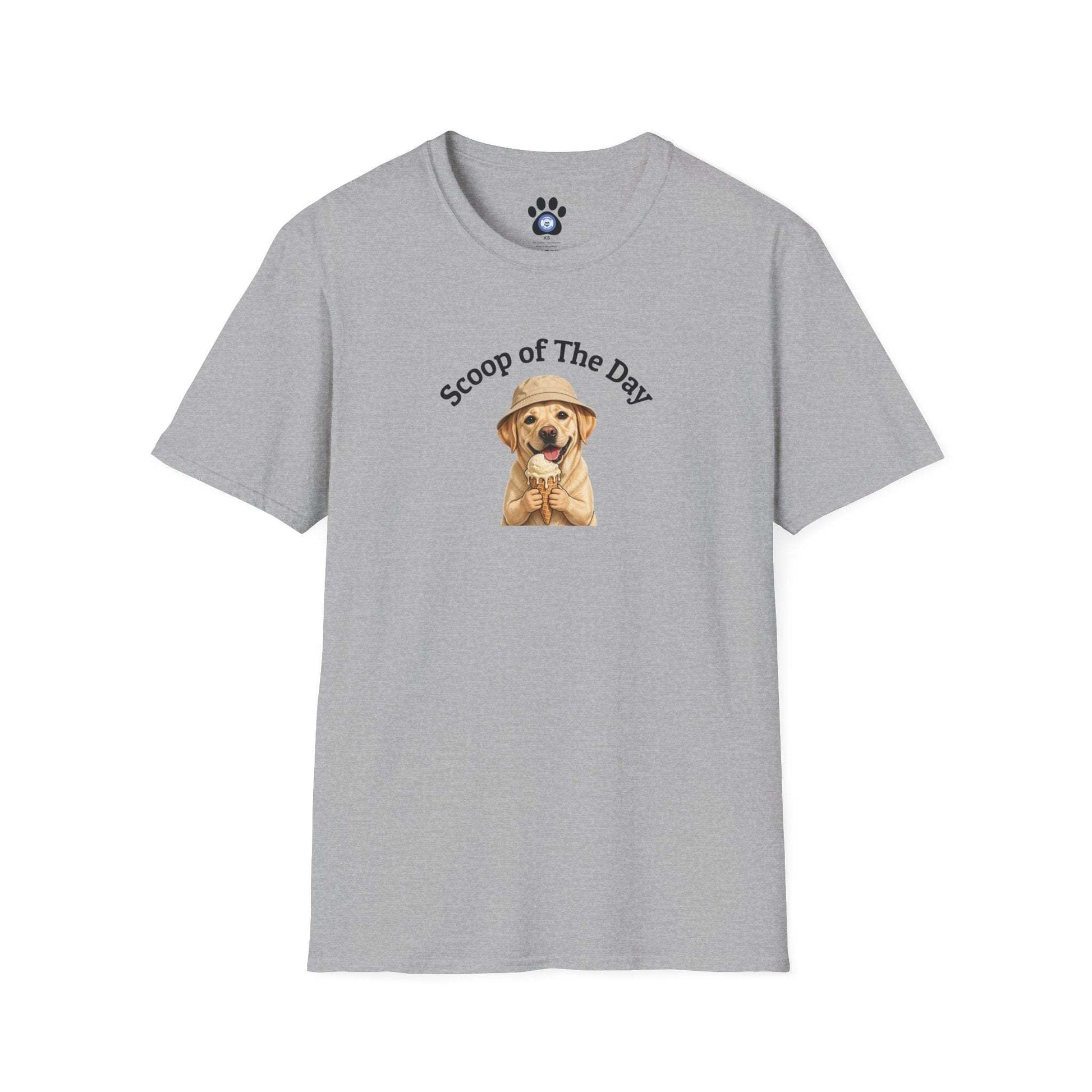 unisex dog ice cream tshirt with sketch-style dog holding ice cream cone