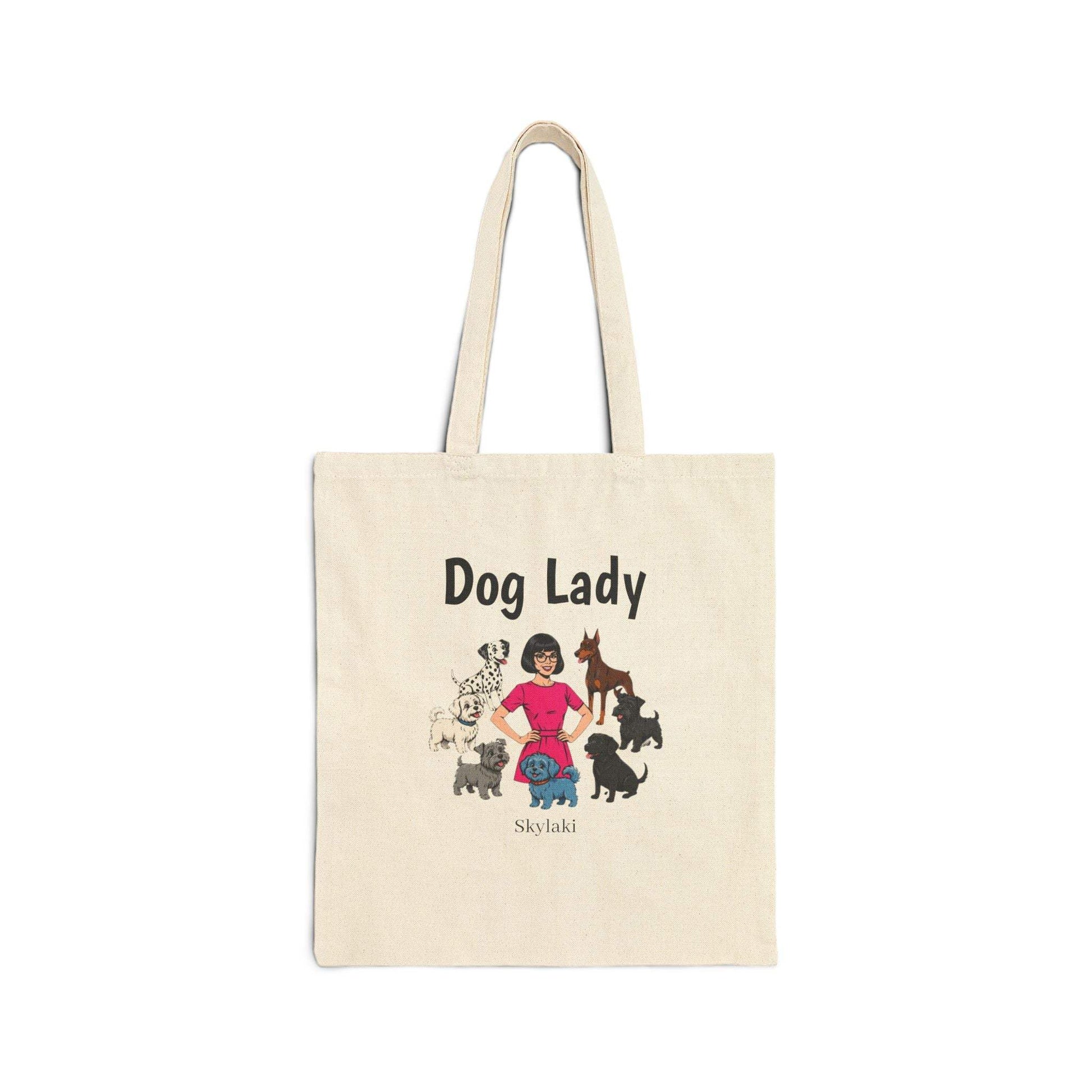 Dog Lady canvas tote bag with playful dog illustration on natural cotton