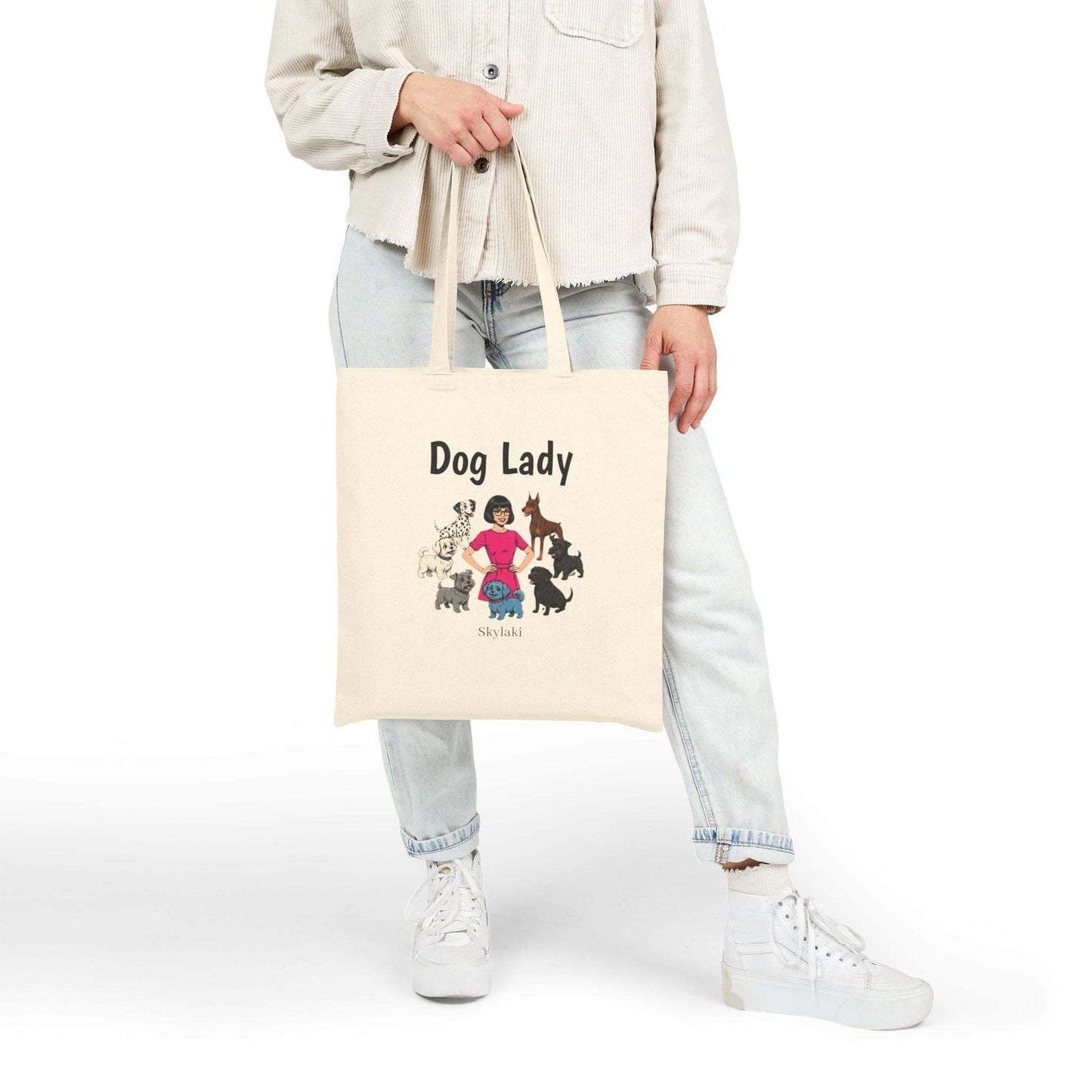 Dog Lady canvas tote bag with playful illustration and sturdy cotton material