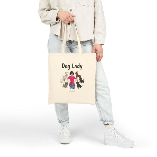 Dog Lady canvas tote bag with playful illustration and sturdy cotton material