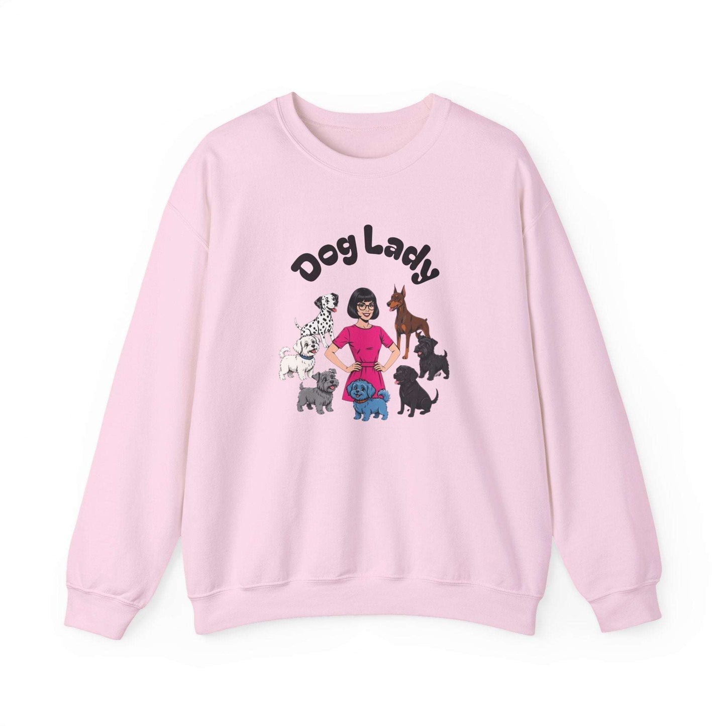 Cozy dog lady sweatshirt with embroidered pups on front