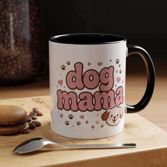 ceramic dog mama mug with colorful handle and playful dog design