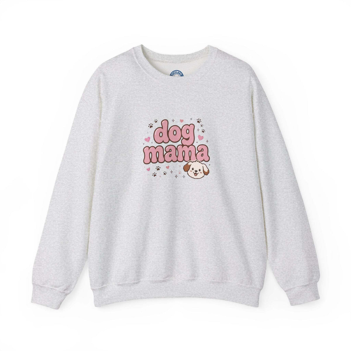 dog mama sweatshirt with hand-drawn lettering and smiling pup