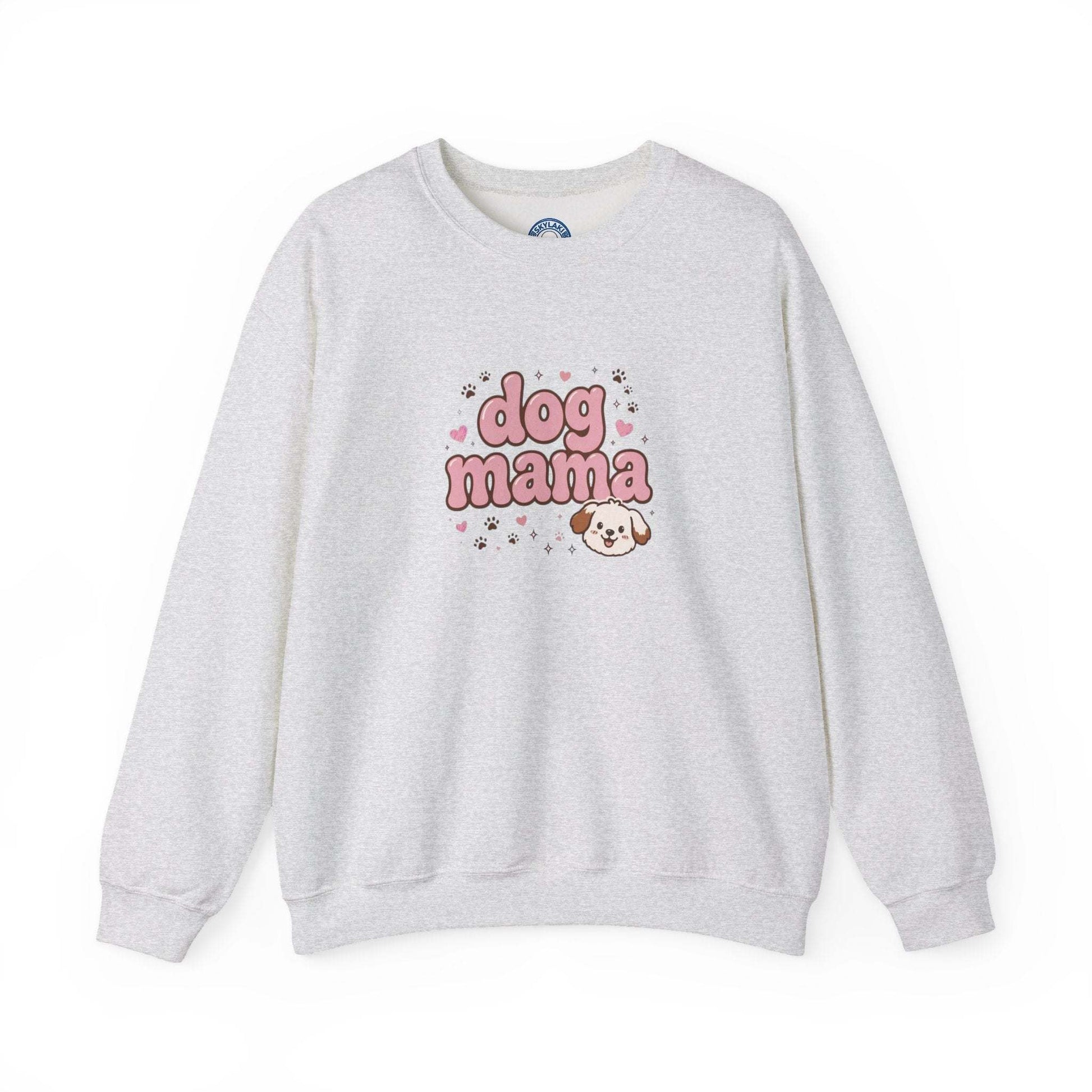 dog mama sweatshirt with hand-drawn lettering and smiling pup